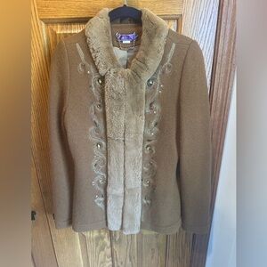 Arte International Faux Fur Trim Cardigan Sweater Sequin Rhinestone Embellshed